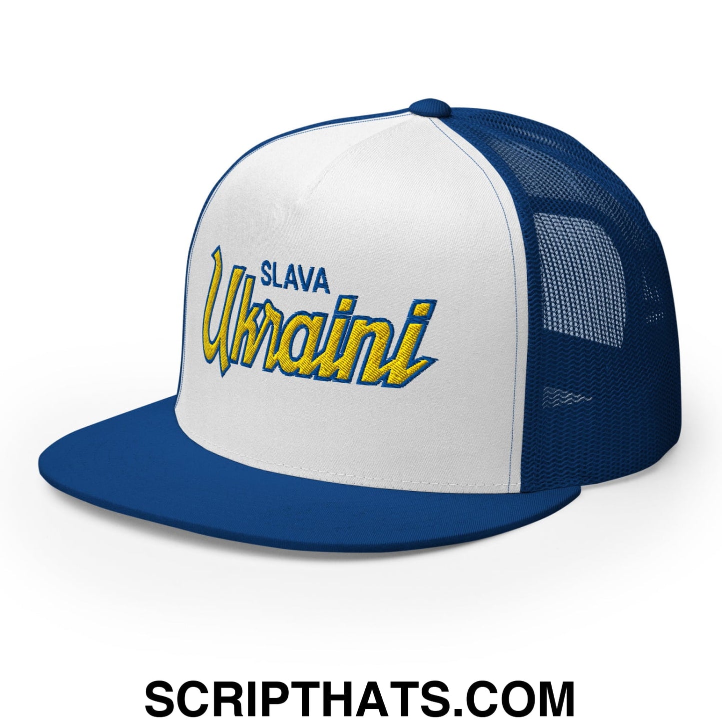 Slava Ukraini Glory to Ukraine Embroidered Flat Brim Bill Trucker Hat Royal White Royal