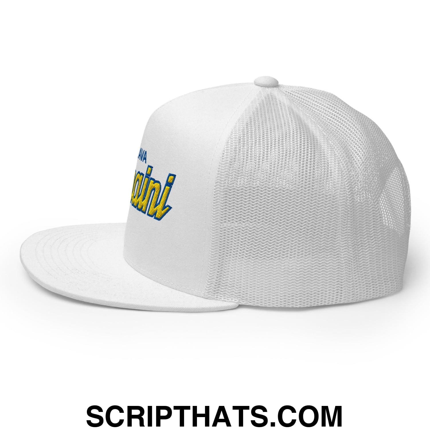 Slava Ukraini Glory to Ukraine Embroidered Flat Brim Bill Trucker Hat White