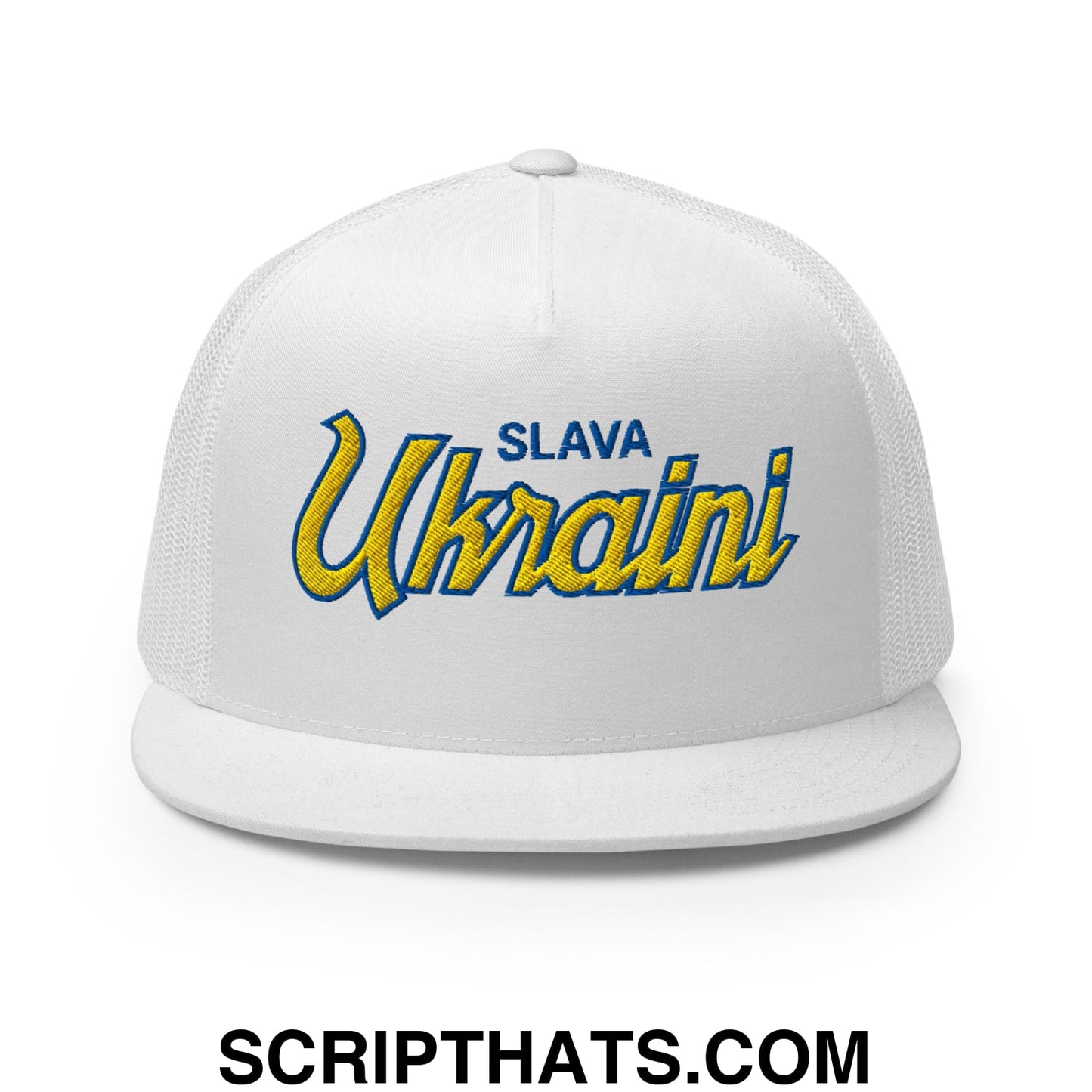 Slava Ukraini Glory to Ukraine Embroidered Flat Brim Bill Trucker Hat White
