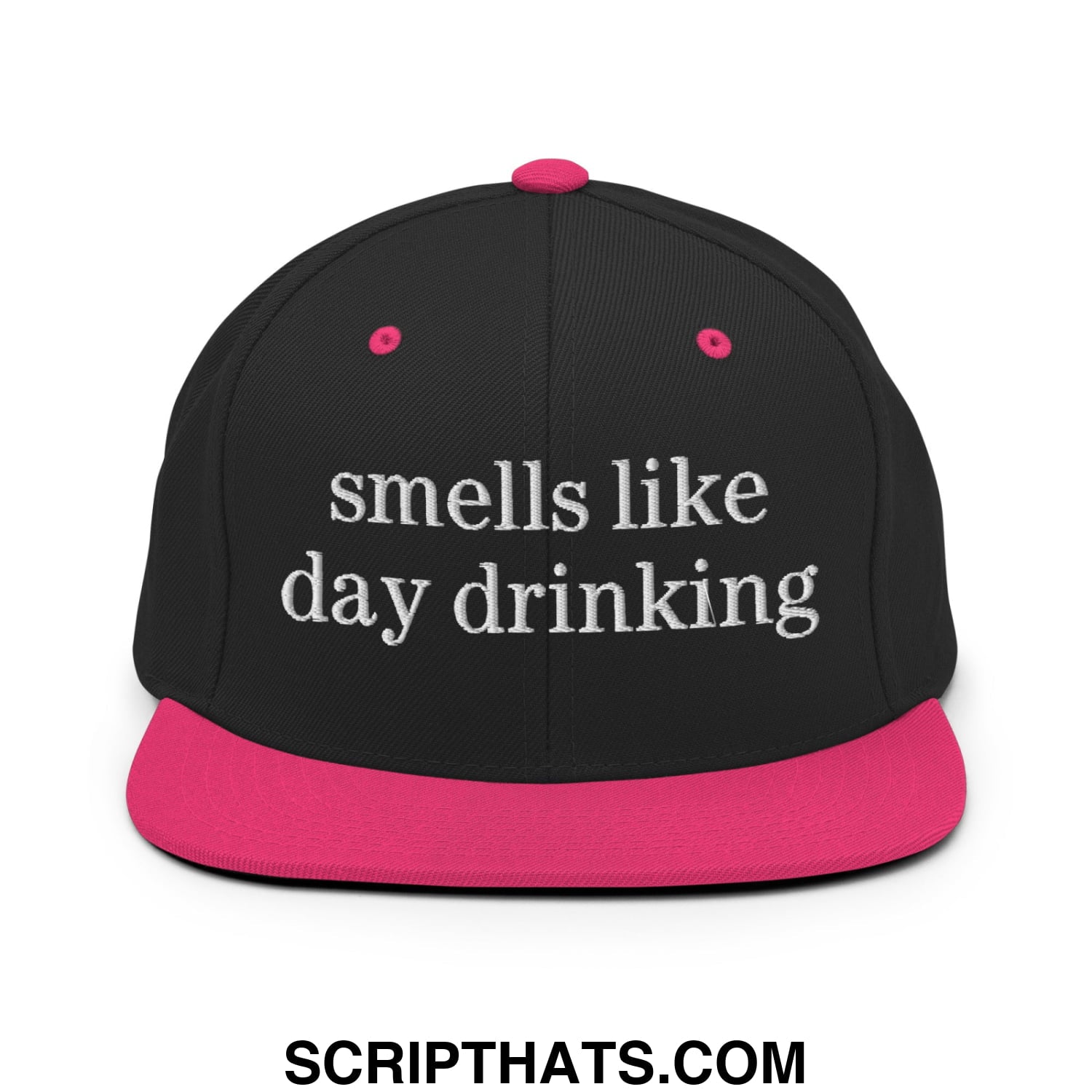 Black snapback cap with vibrant pink brim and button featuring white embroidered text smells like day drinking