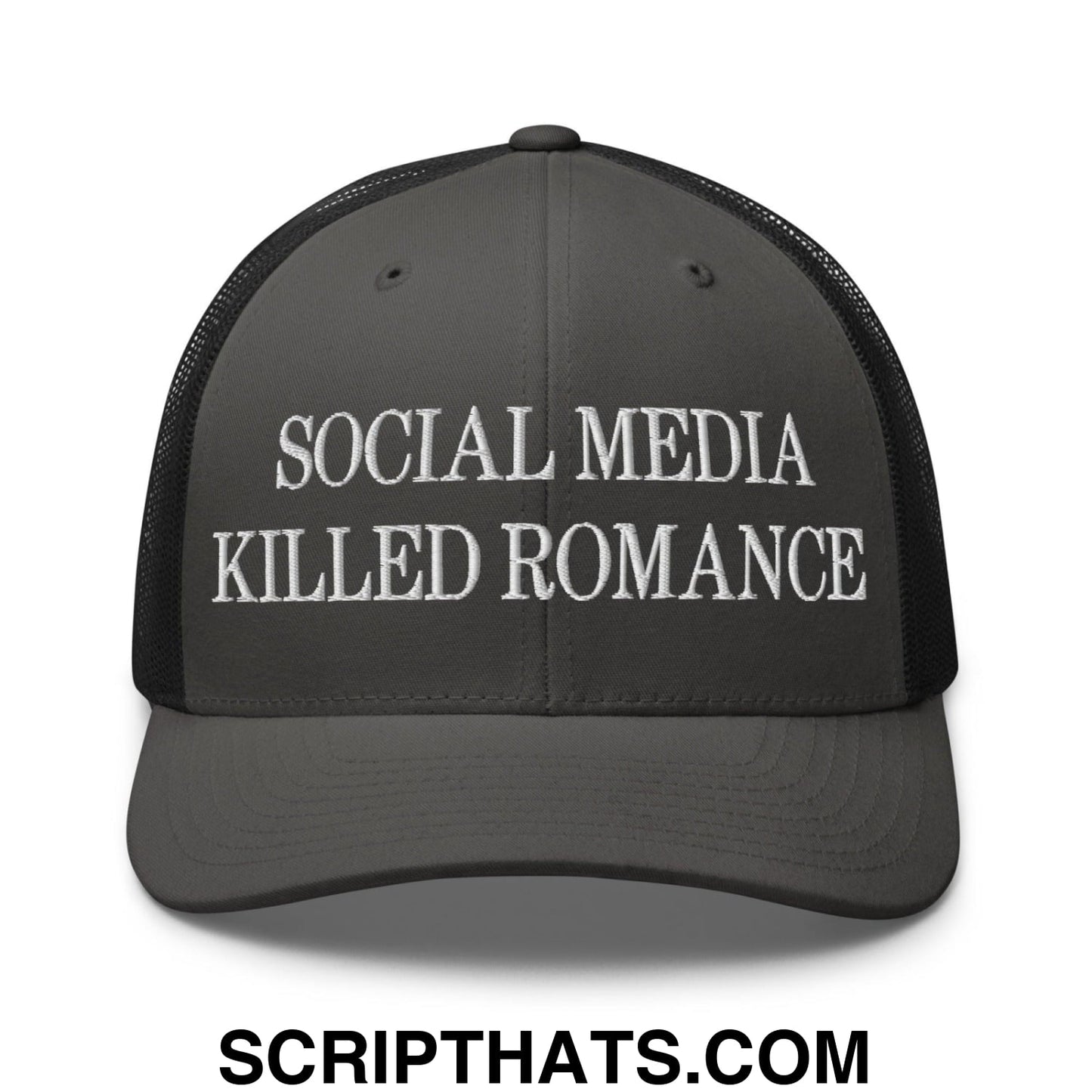 Social Media Killed Romance Embroidered Mesh Trucker Hat Charcoal Black