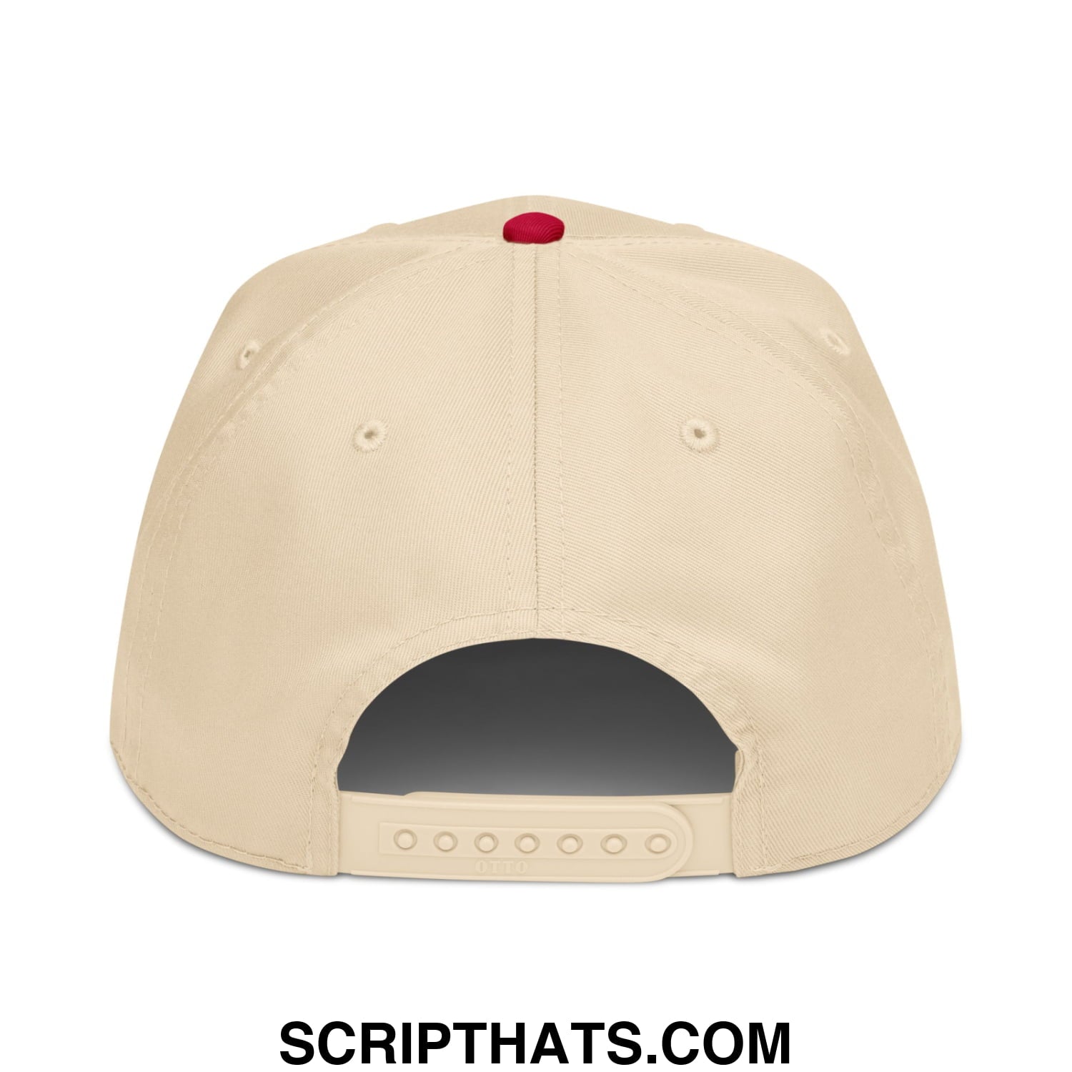 Beige snapback hat with sorry for what my face said embroidery red button and adjustable strap visible from the back