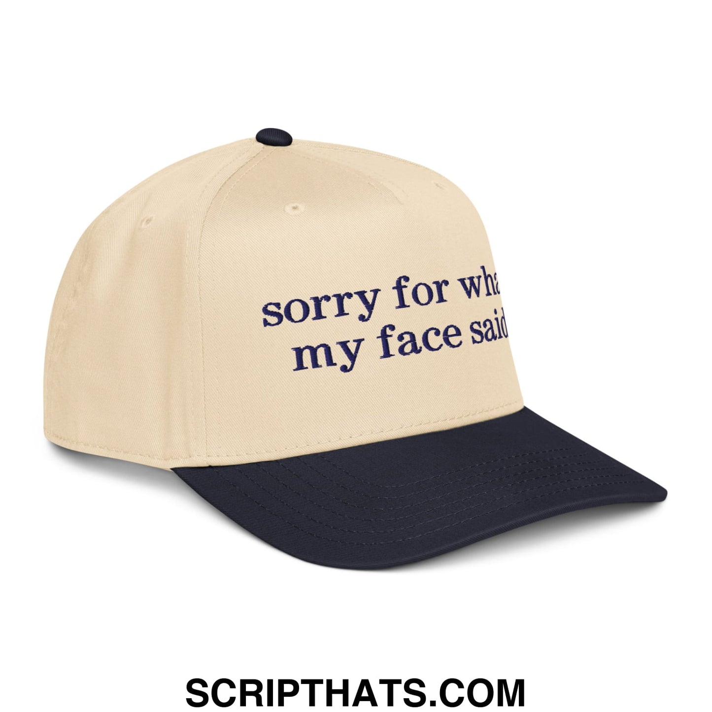 Beige and navy blue two-tone baseball snapback hat embroidered with sorry for what my face said in dark purple script