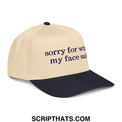 Beige and navy blue two-tone baseball snapback hat embroidered with sorry for what my face said in dark purple script