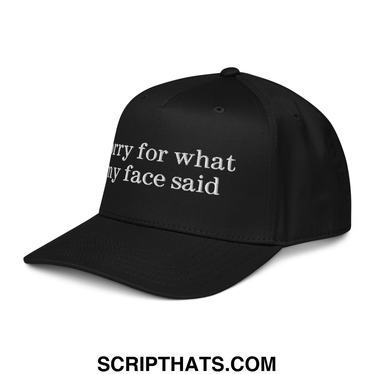 Black embroidered baseball snapback hat with white sorry for what my face said text on front panel