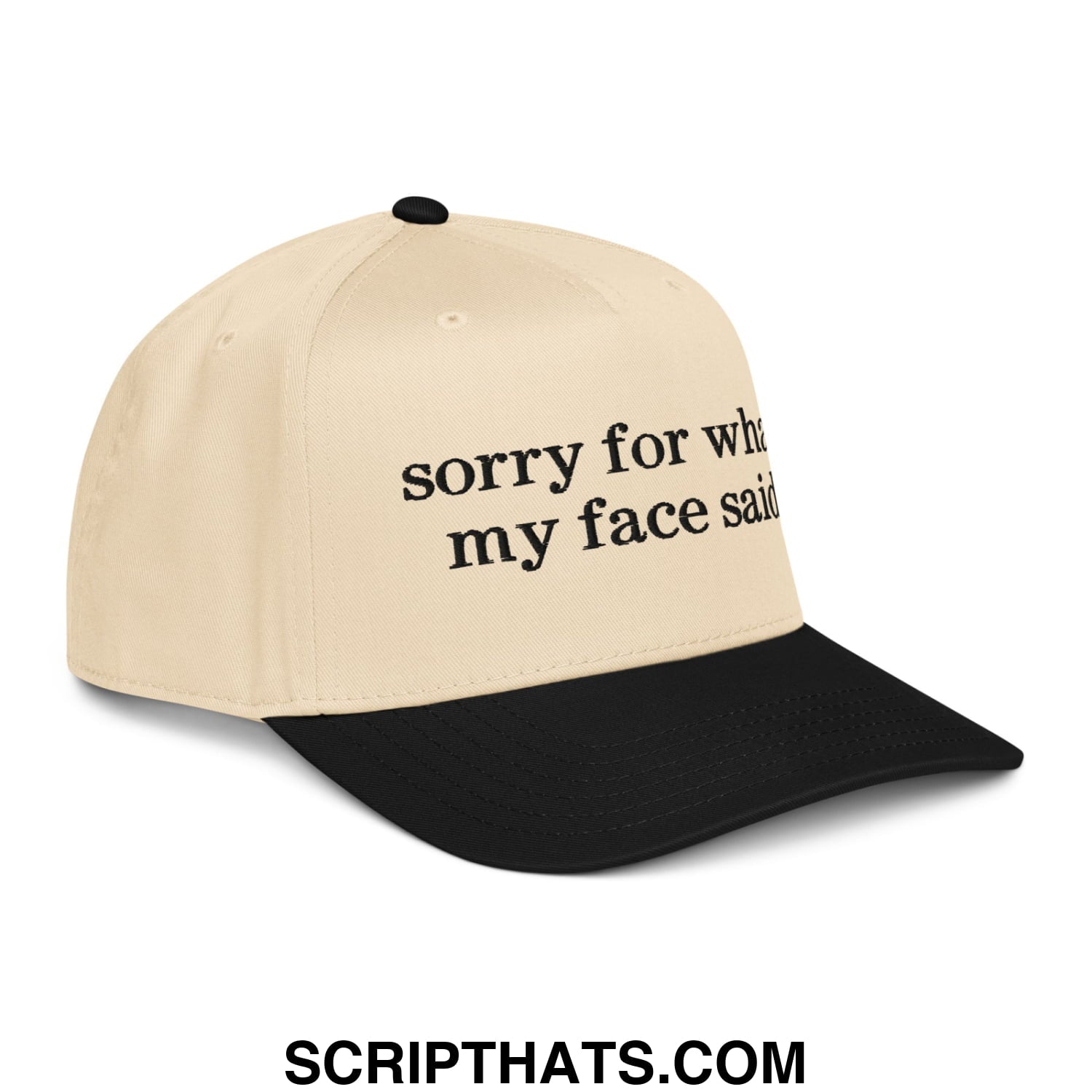Beige and black embroidered baseball snapback hat with sorry for what my face said text for casual wear