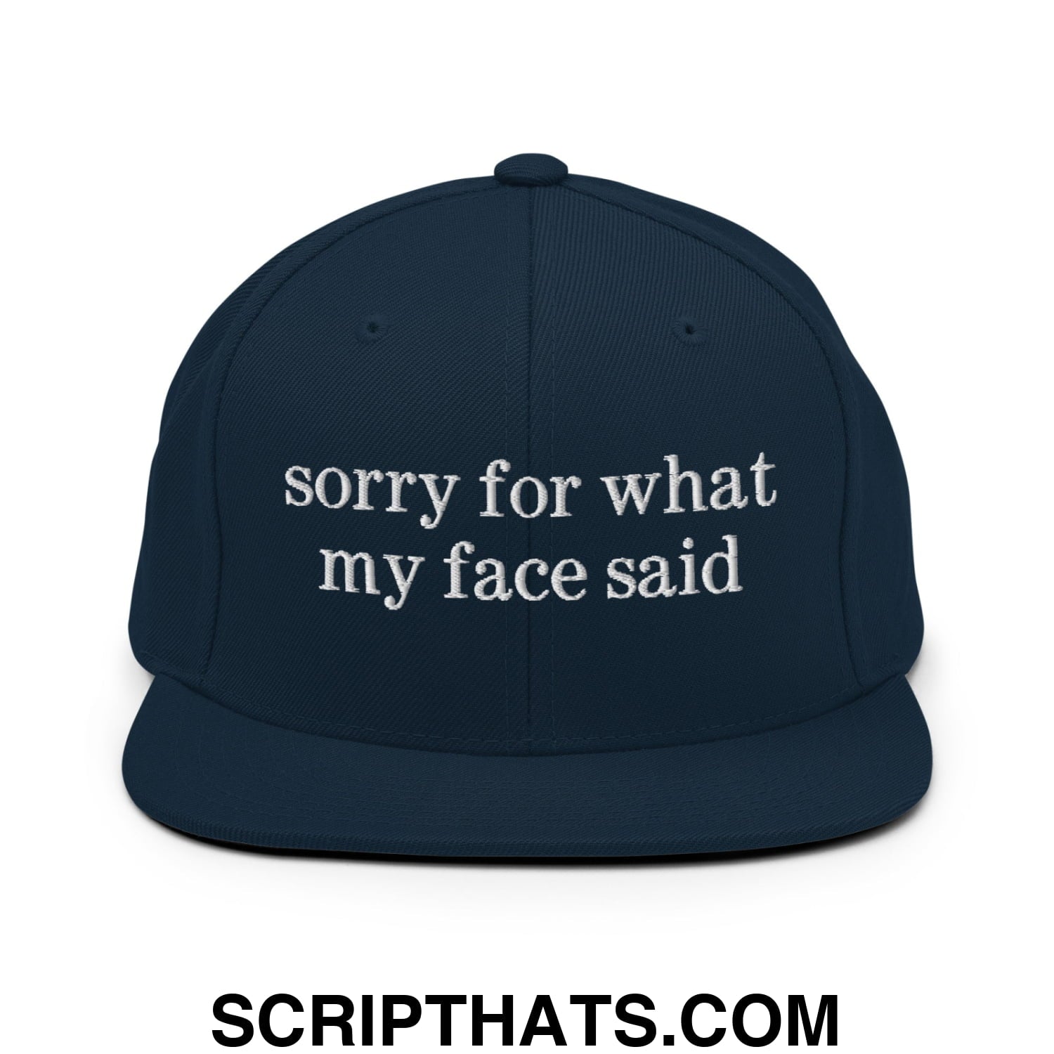 Navy blue flat bill snapback hat with white embroidered sorry for what my face said text for casual wear