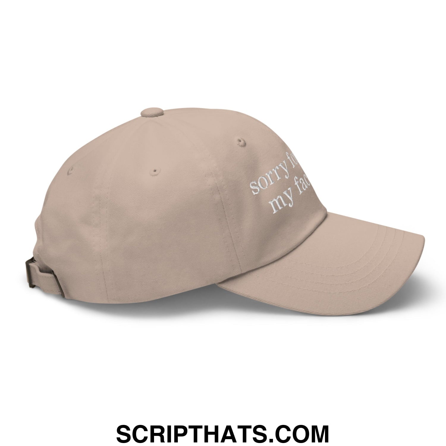 Beige unstructured dad hat with white embroidered sorry my dad text on front for casual wear