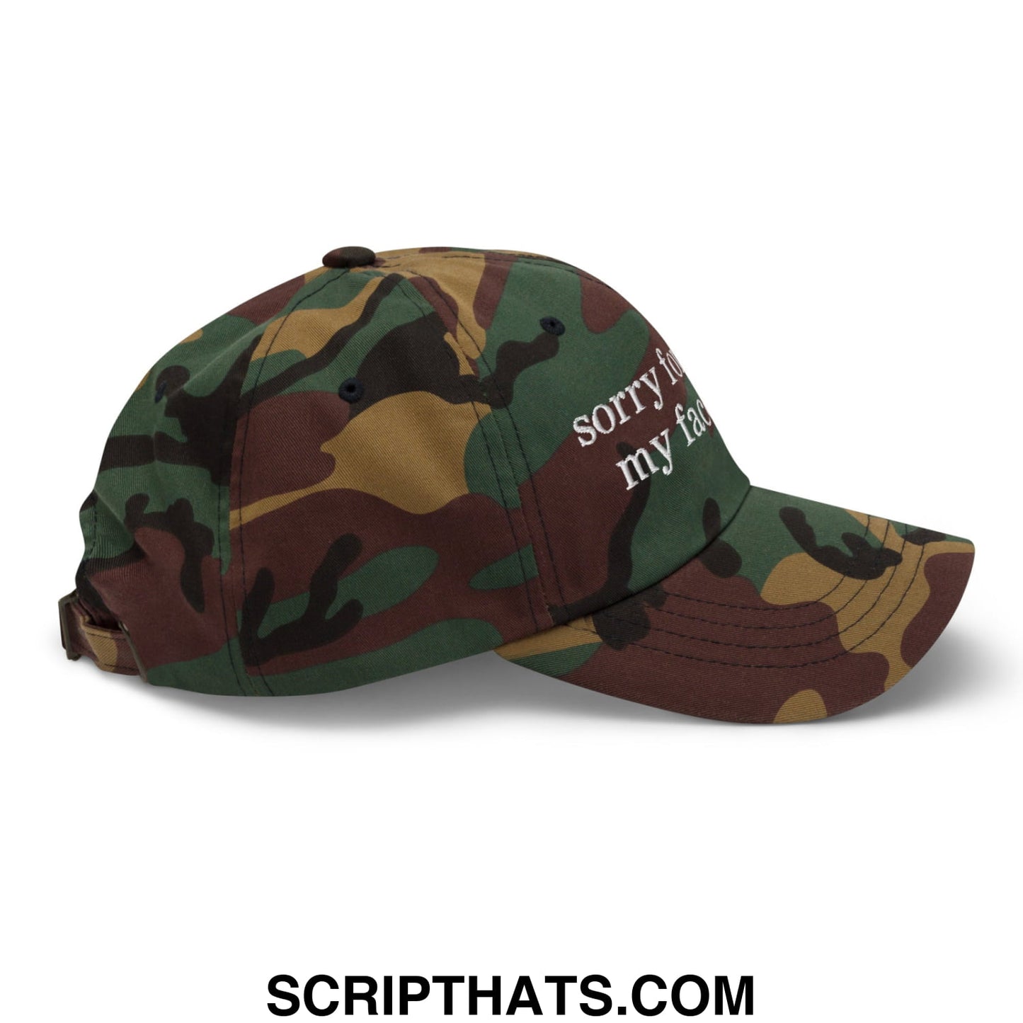 Sorry for what my face said embroidered unstructured dad hat in camouflage with white text on front and curved brim
