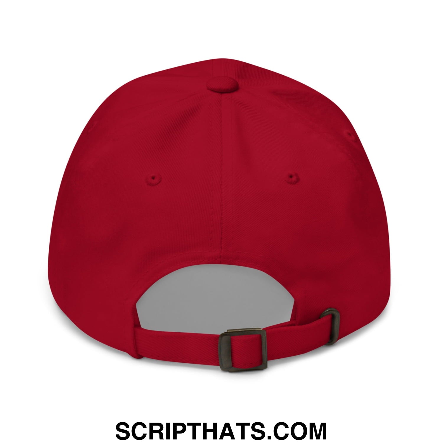 Red embroidered sorry for what my face said unstructured dad hat showing black plastic buckle and adjustable strap back