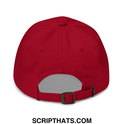 Red embroidered sorry for what my face said unstructured dad hat showing black plastic buckle and adjustable strap back