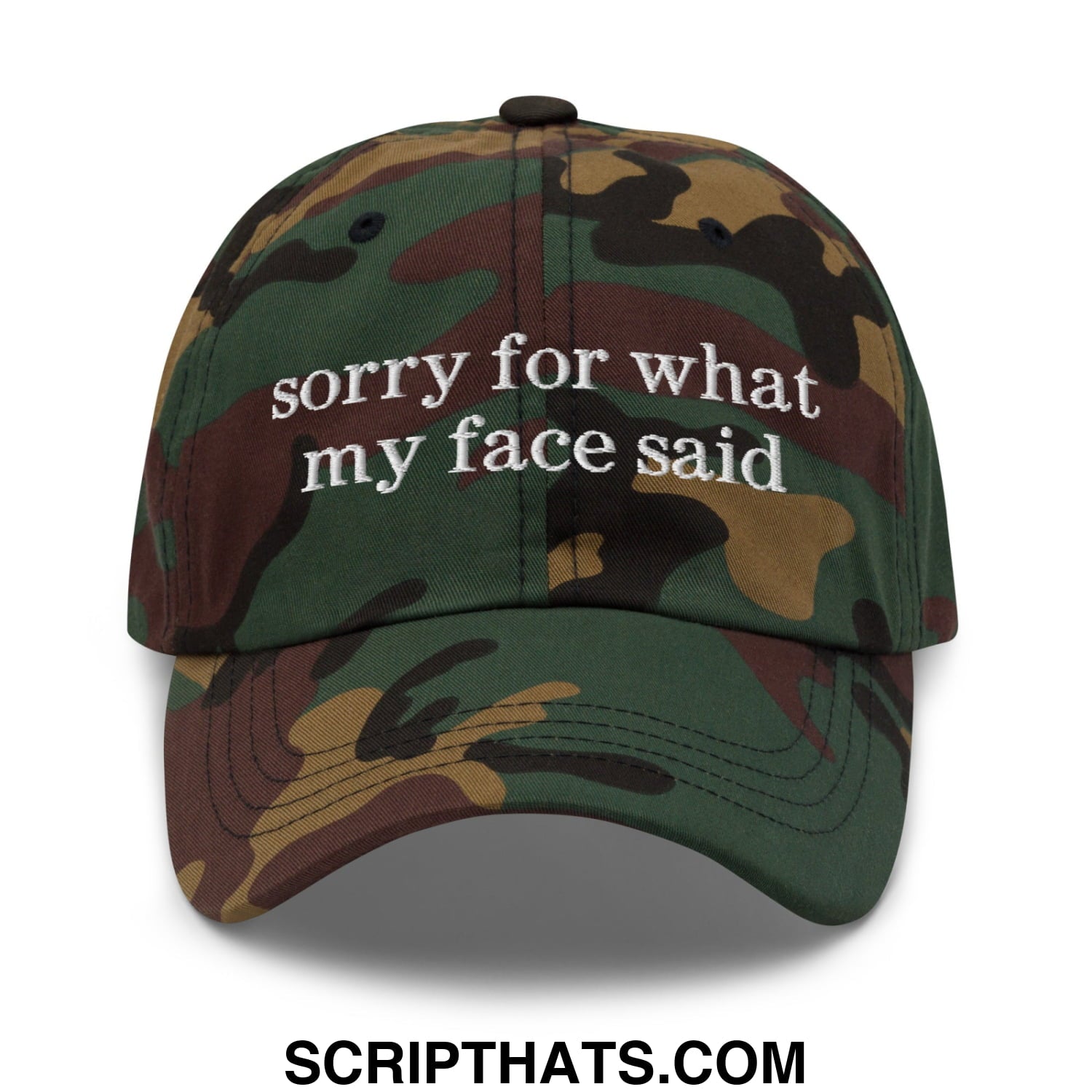 Sorry for what my face said embroidered camouflage unstructured dad hat with white text in front view
