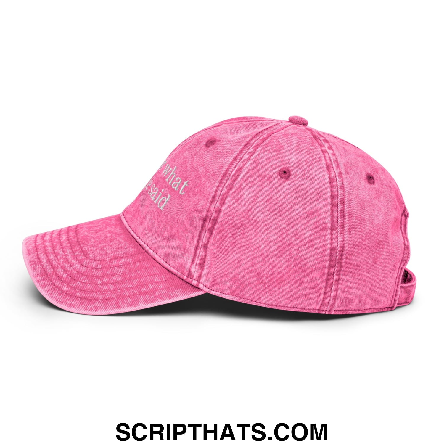 Sorry for what my face said embroidered faded pink denim dad hat with white what he said text on front