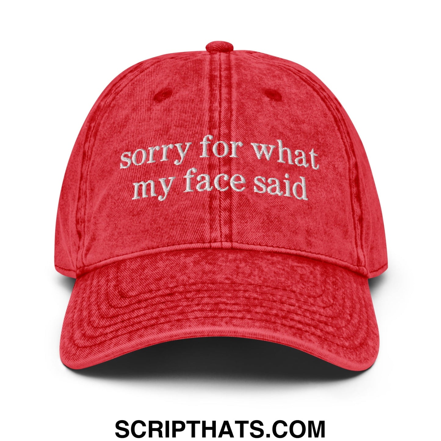Red distressed cotton unstructured denim dad hat embroidered with sorry for what my face said text