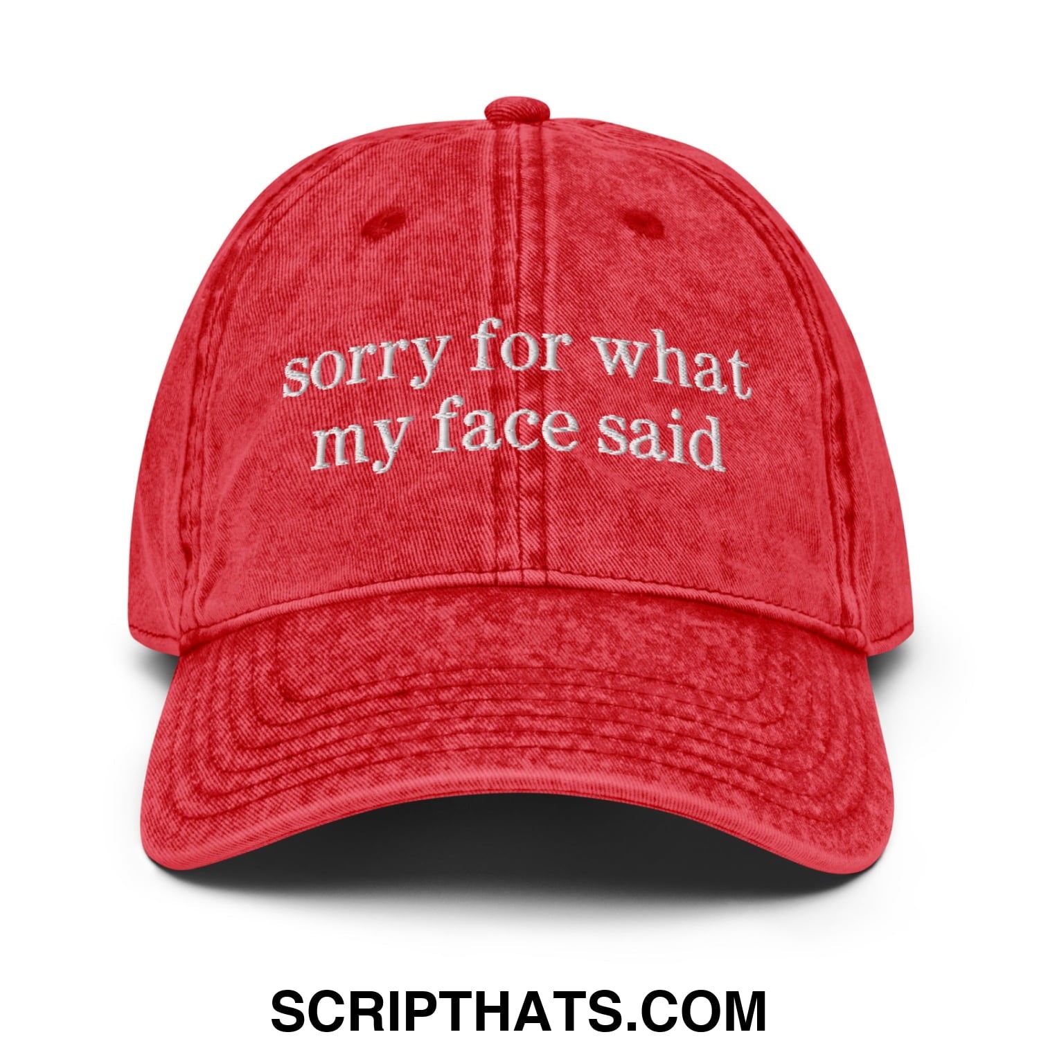 Red distressed cotton unstructured denim dad hat embroidered with sorry for what my face said text