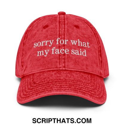 Red distressed cotton unstructured denim dad hat embroidered with sorry for what my face said text