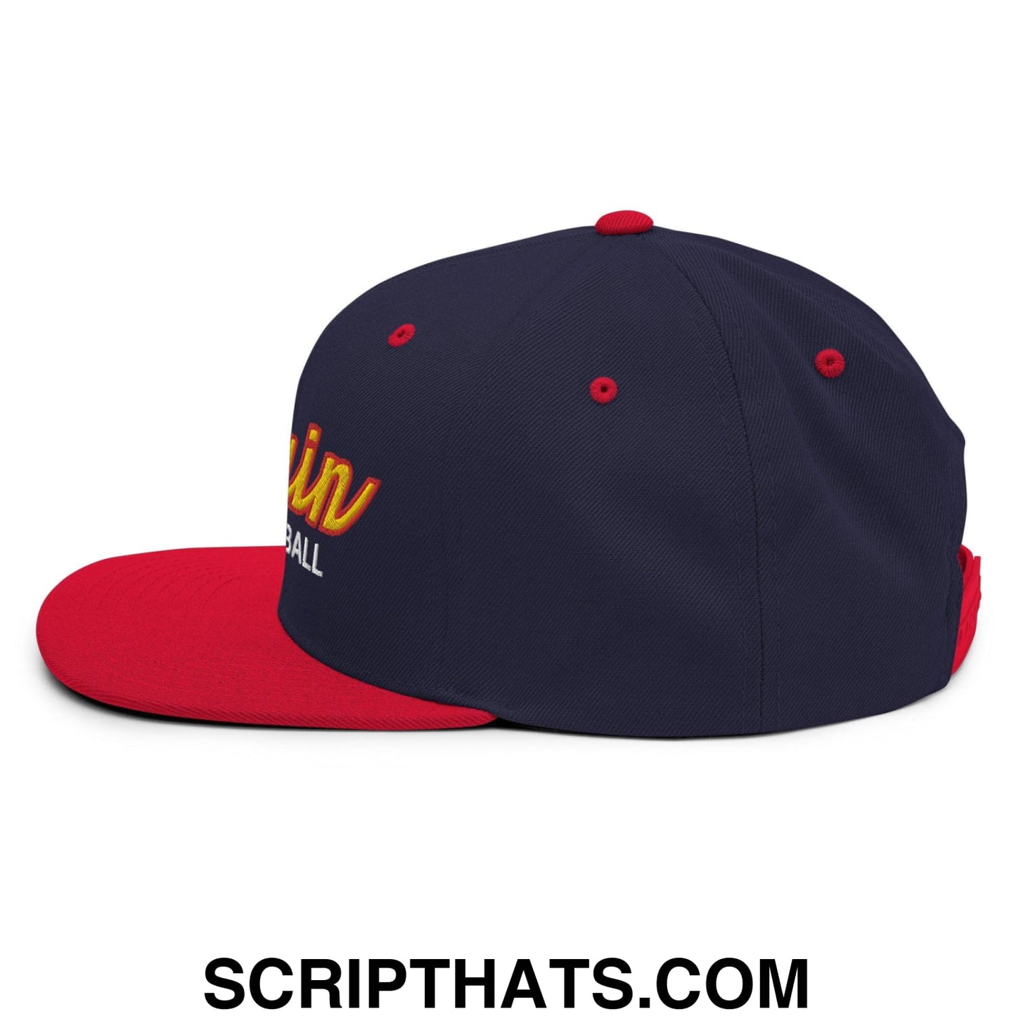 Spain Soccer Football Vintage Sports Script Snapback Hat Navy Red