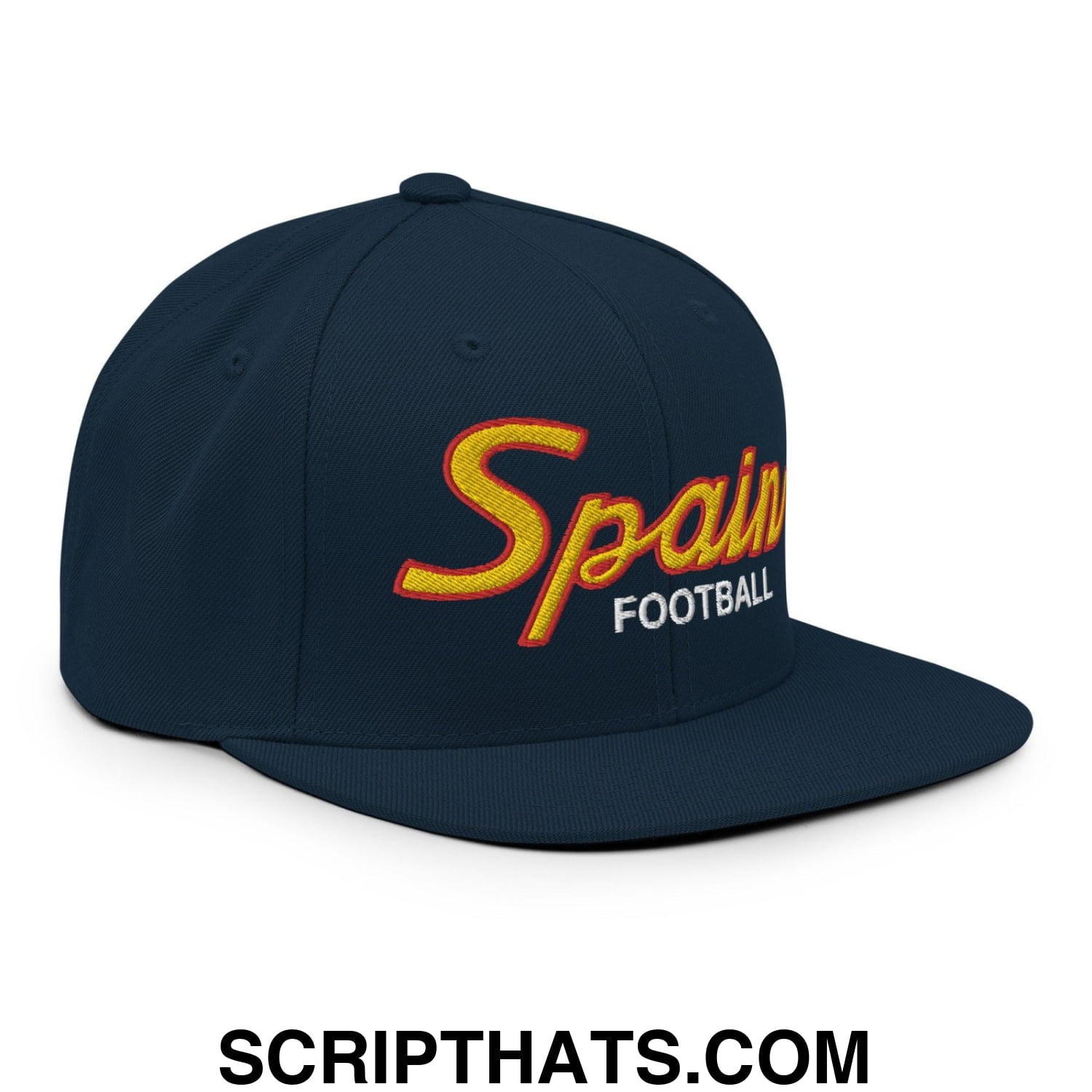 Spain Soccer Football Vintage Sports Script Snapback Hat Dark Navy