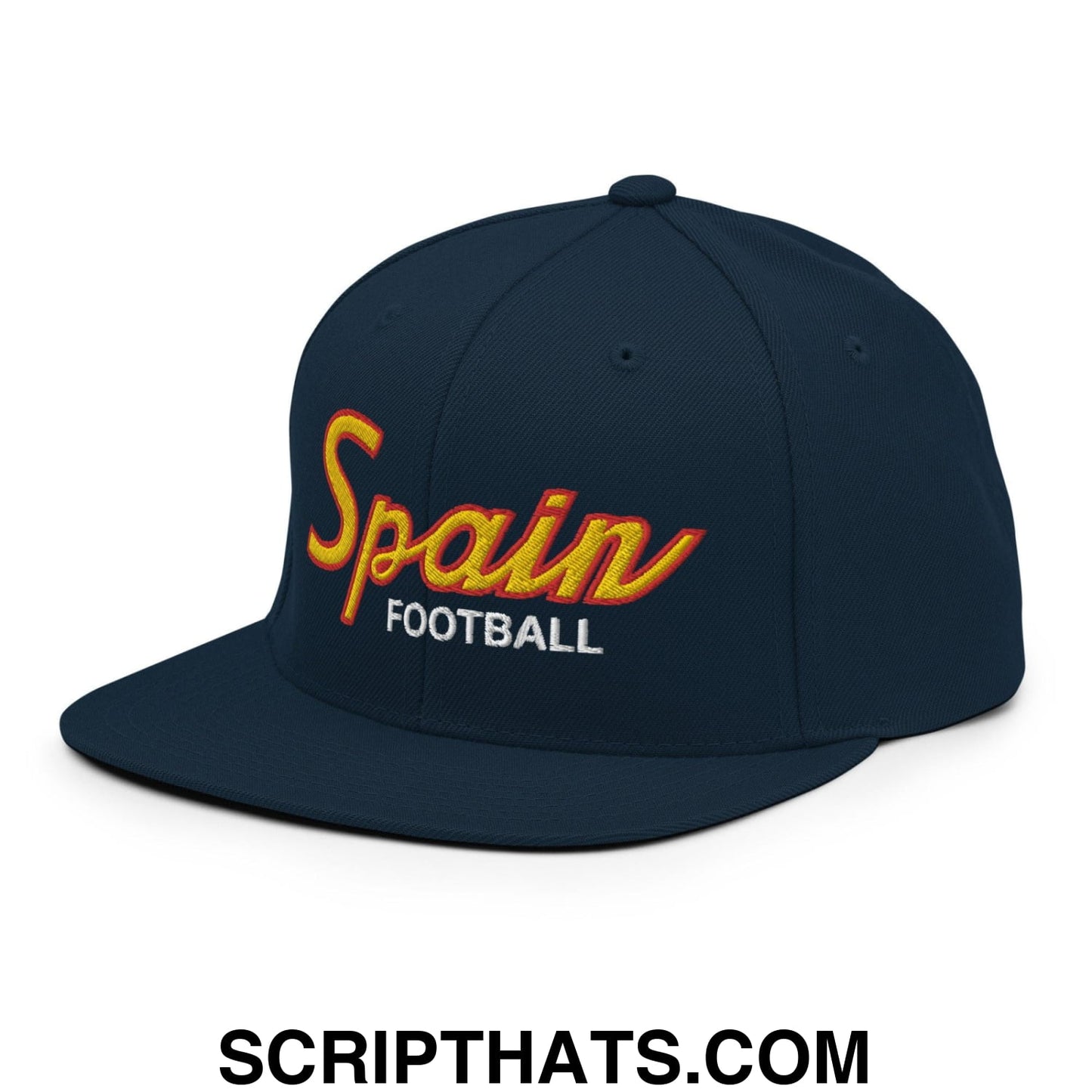 Spain Soccer Football Vintage Sports Script Snapback Hat Dark Navy