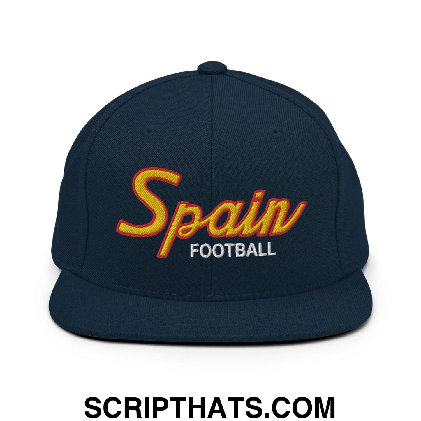 Spain Soccer Football Vintage Sports Script Snapback Hat Dark Navy