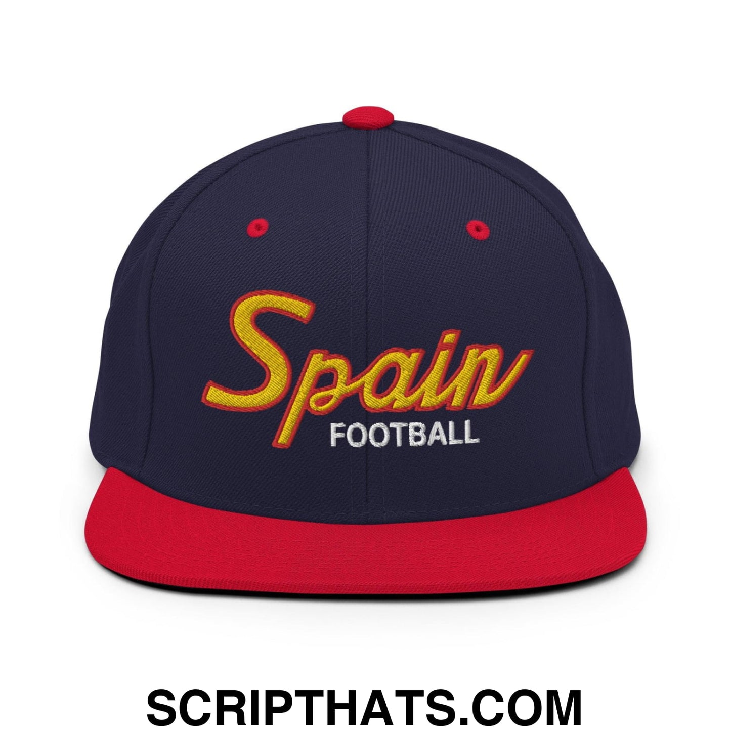 Spain Soccer Football Vintage Sports Script Snapback Hat Navy Red