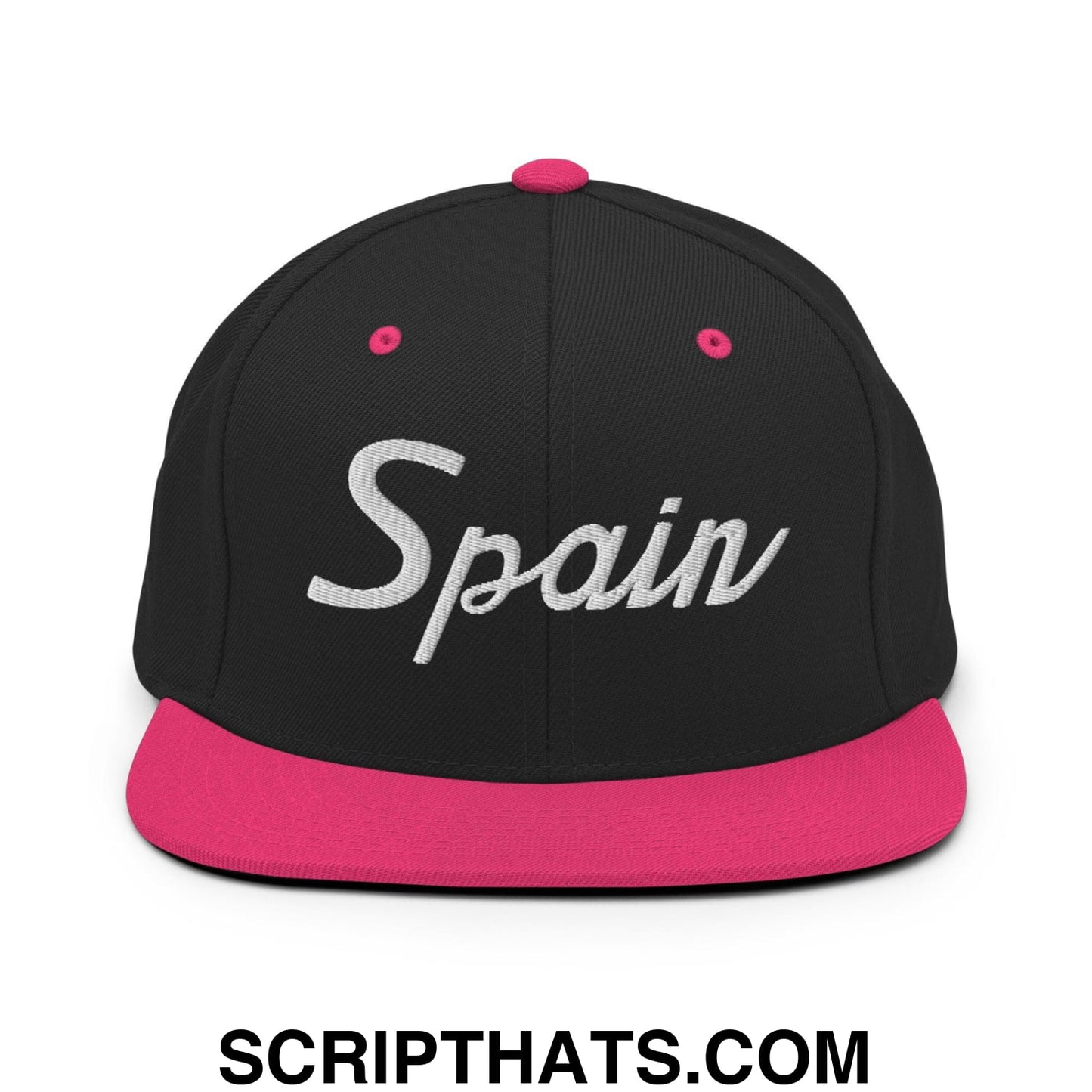 Spain Sports Vintage Script Snapback Hat Black Neon Pink