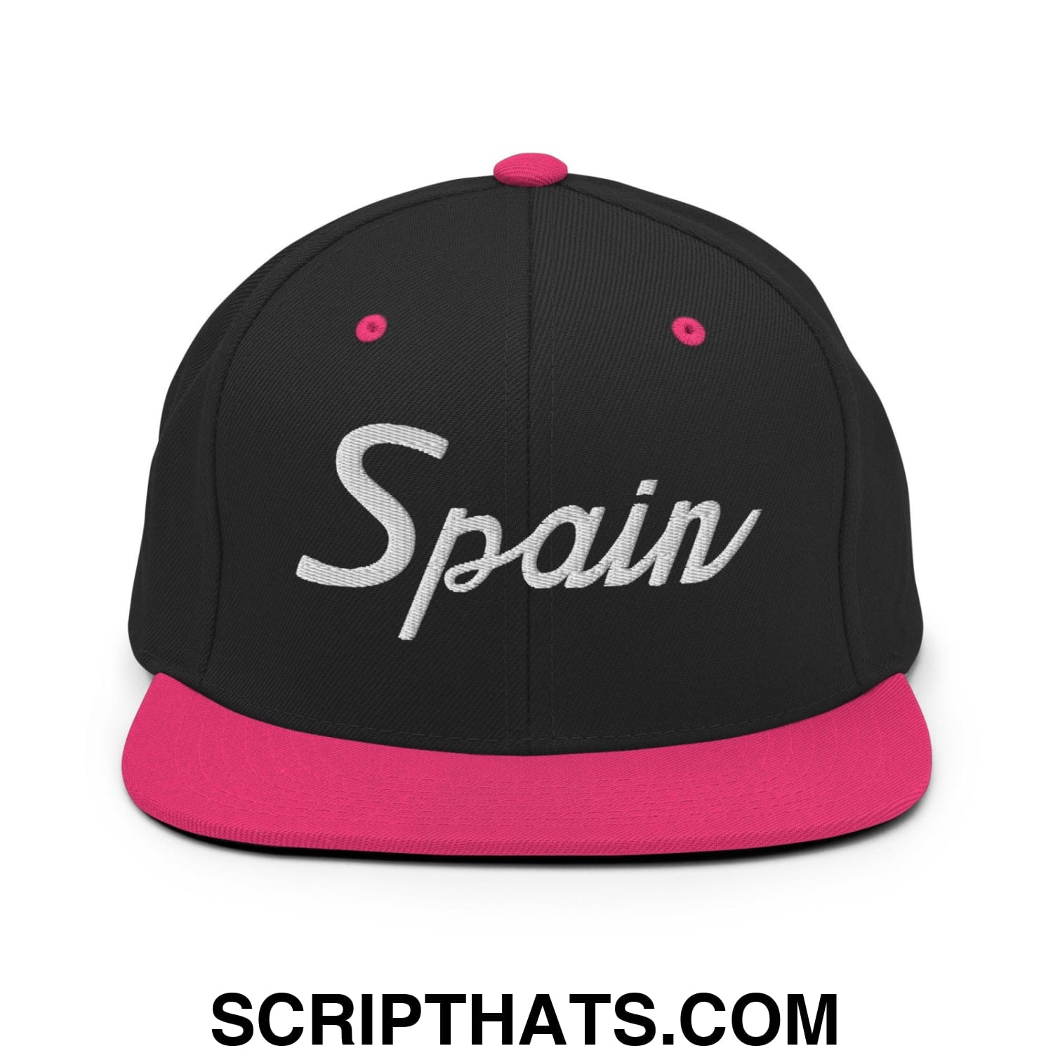 Spain Sports Vintage Script Snapback Hat Black Neon Pink