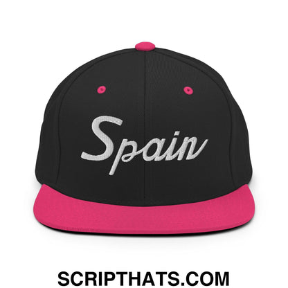 Spain Sports Vintage Script Snapback Hat Black Neon Pink