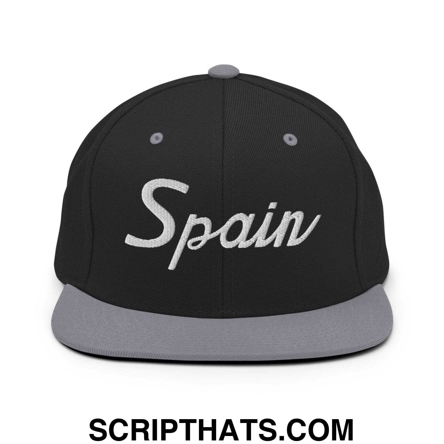 Spain Sports Vintage Script Snapback Hat Black Silver