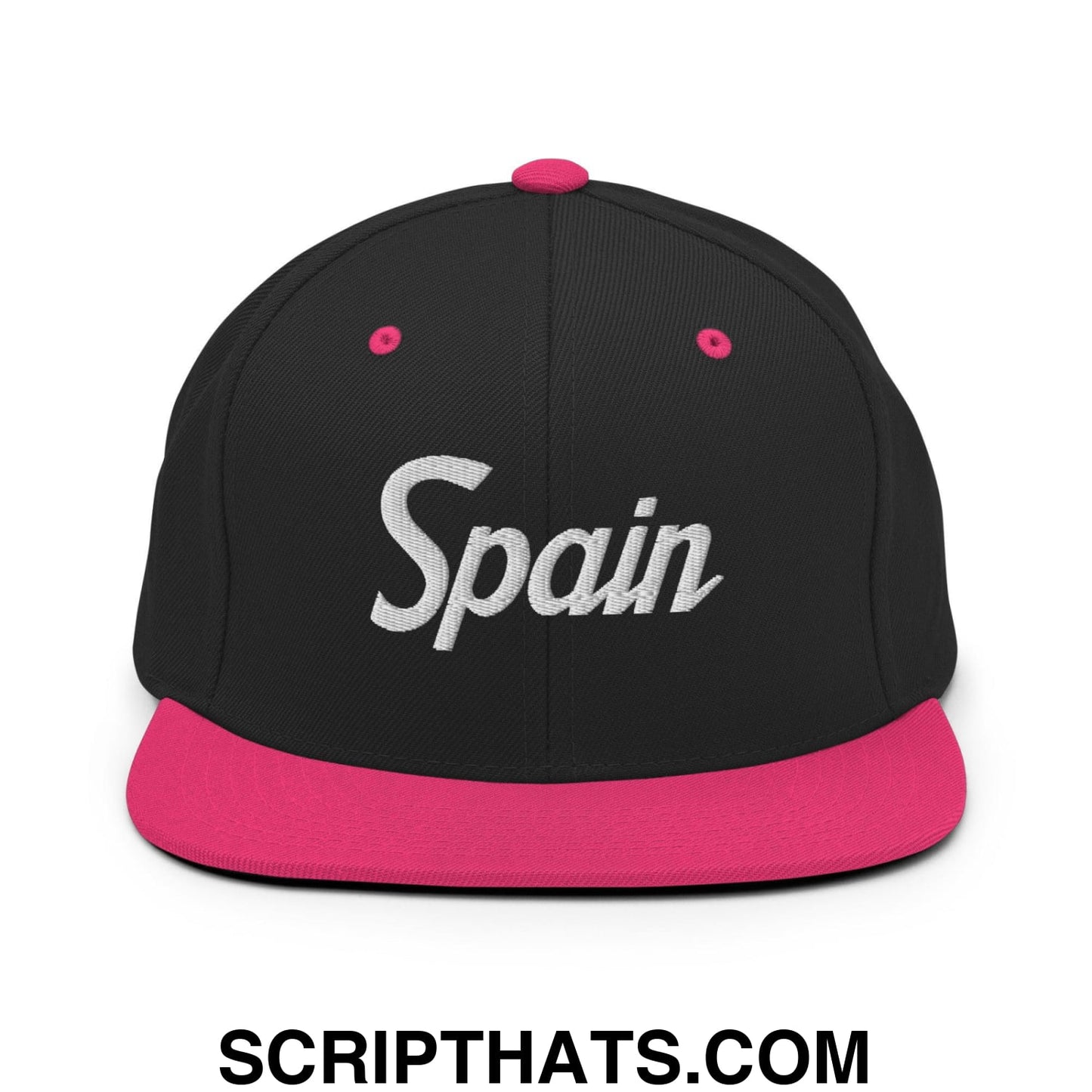 Spain Vintage Sports Script Snapback Hat Black Neon Pink