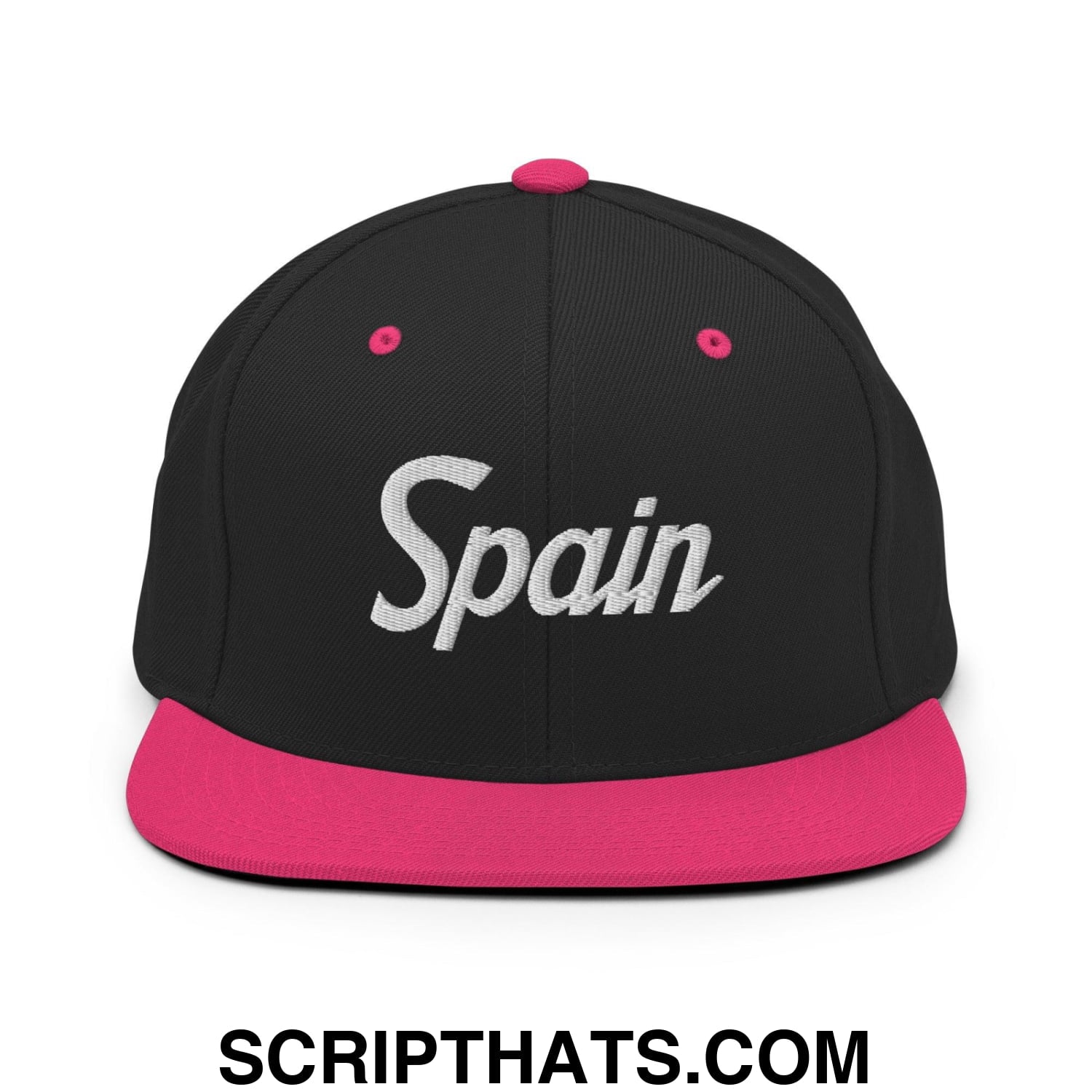 Spain Vintage Sports Script Snapback Hat Black Neon Pink