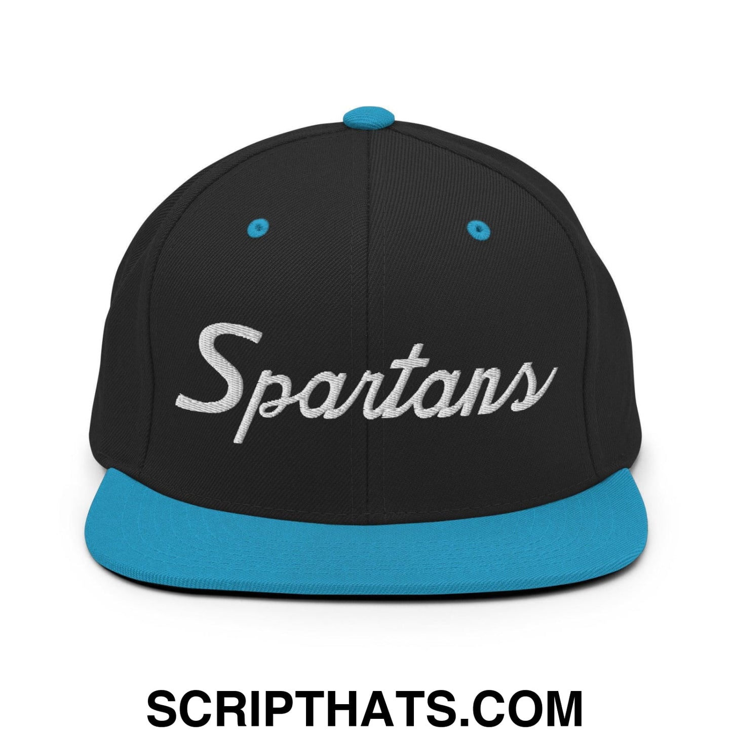 Spartans School Mascot Script Snapback Hat Black Teal