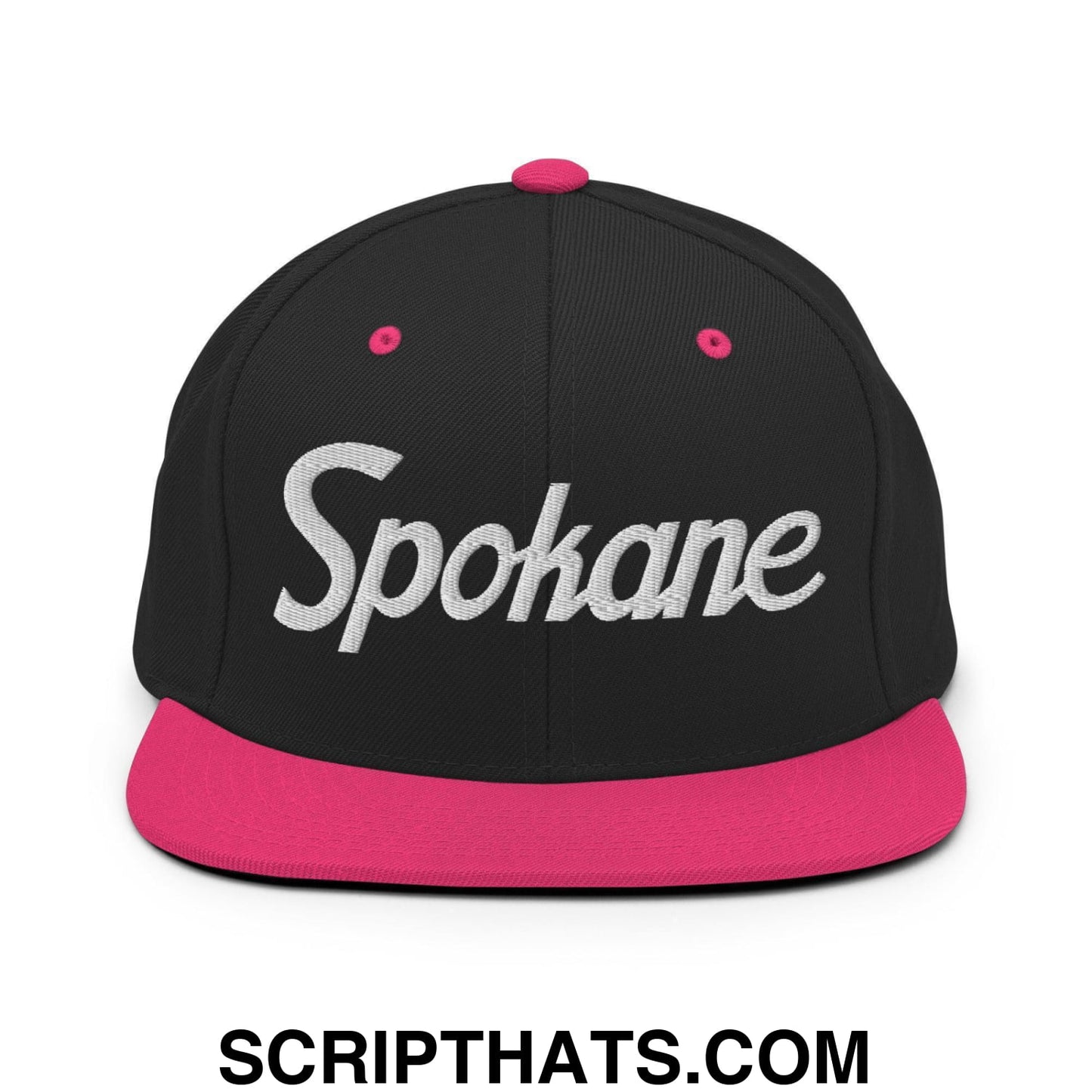 Spokane Script Snapback Hat Black Neon Pink