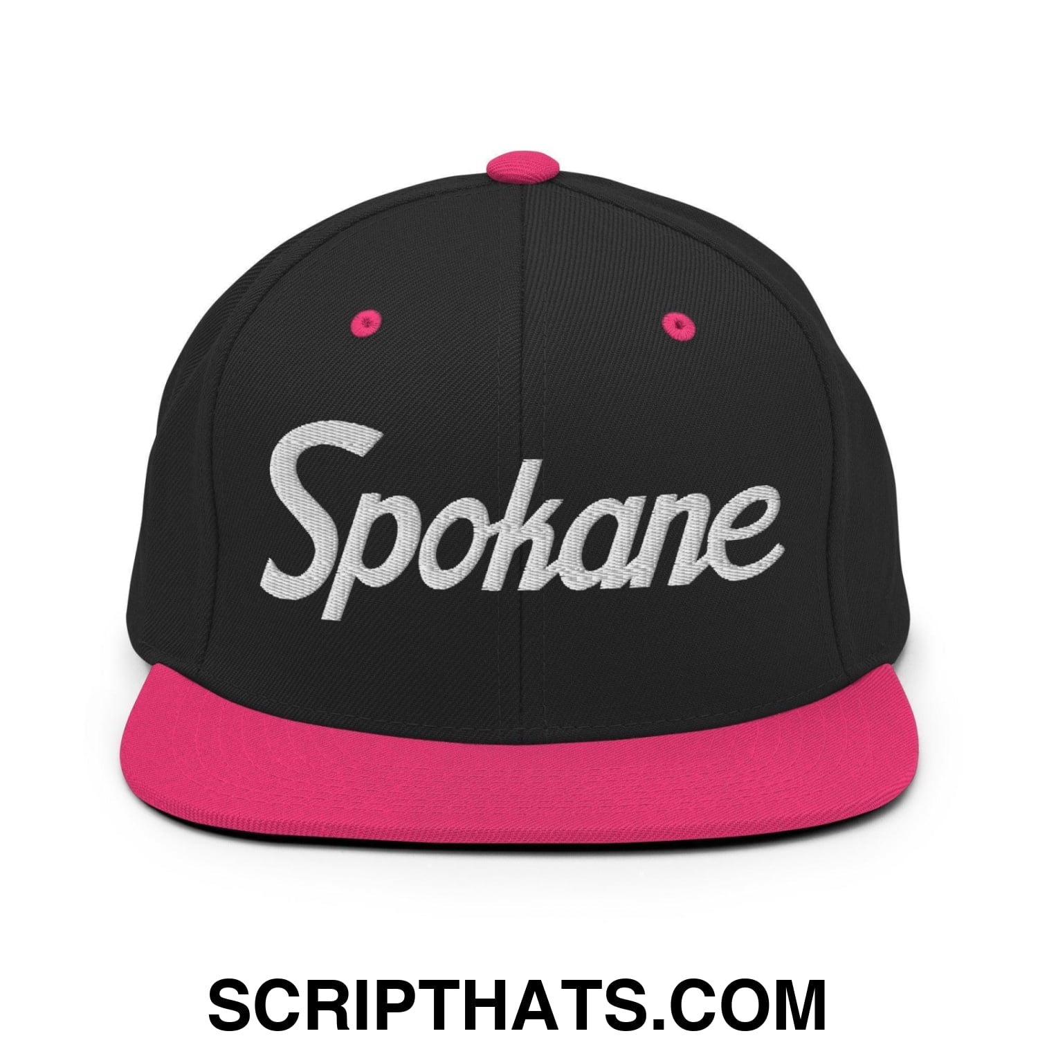 Spokane Script Snapback Hat Black Neon Pink