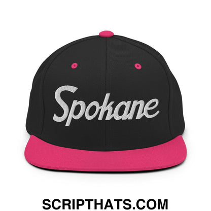 Spokane Script Snapback Hat Black Neon Pink