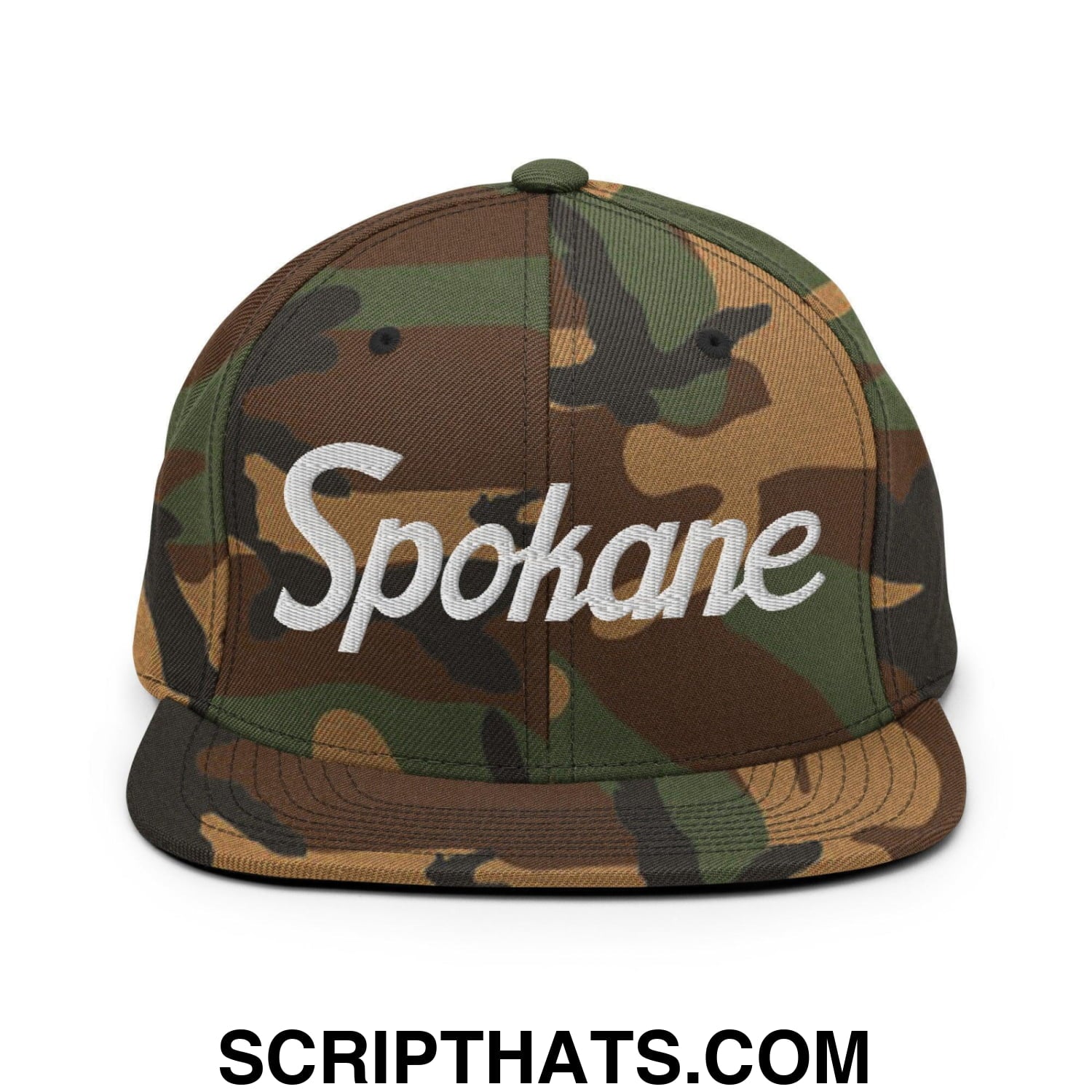 Spokane Script Snapback Hat Green Camo