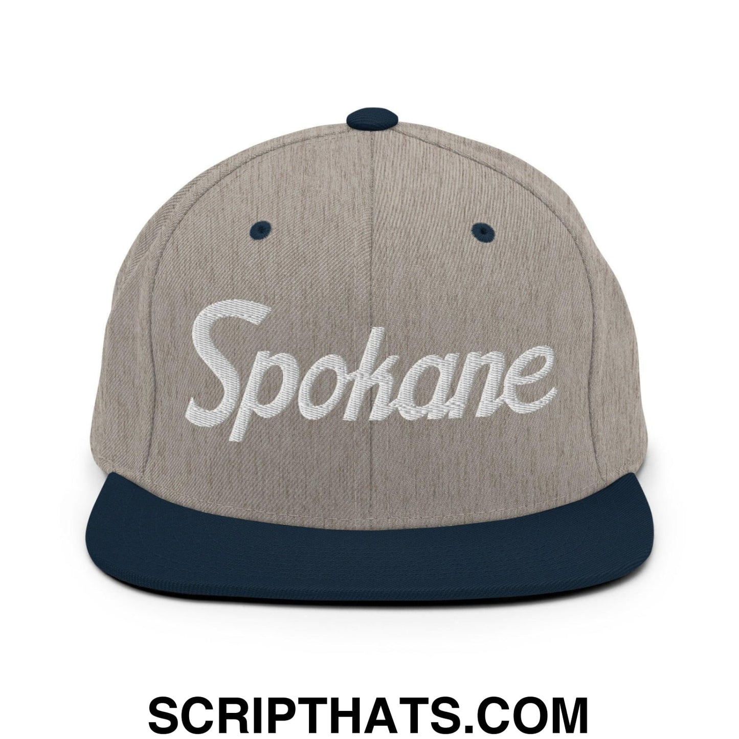 Spokane Script Snapback Hat Heather Grey Navy