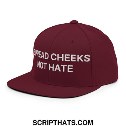 Maroon embroidered flat bill brim snapback hat with white text spread cheeks not hate for casual wear