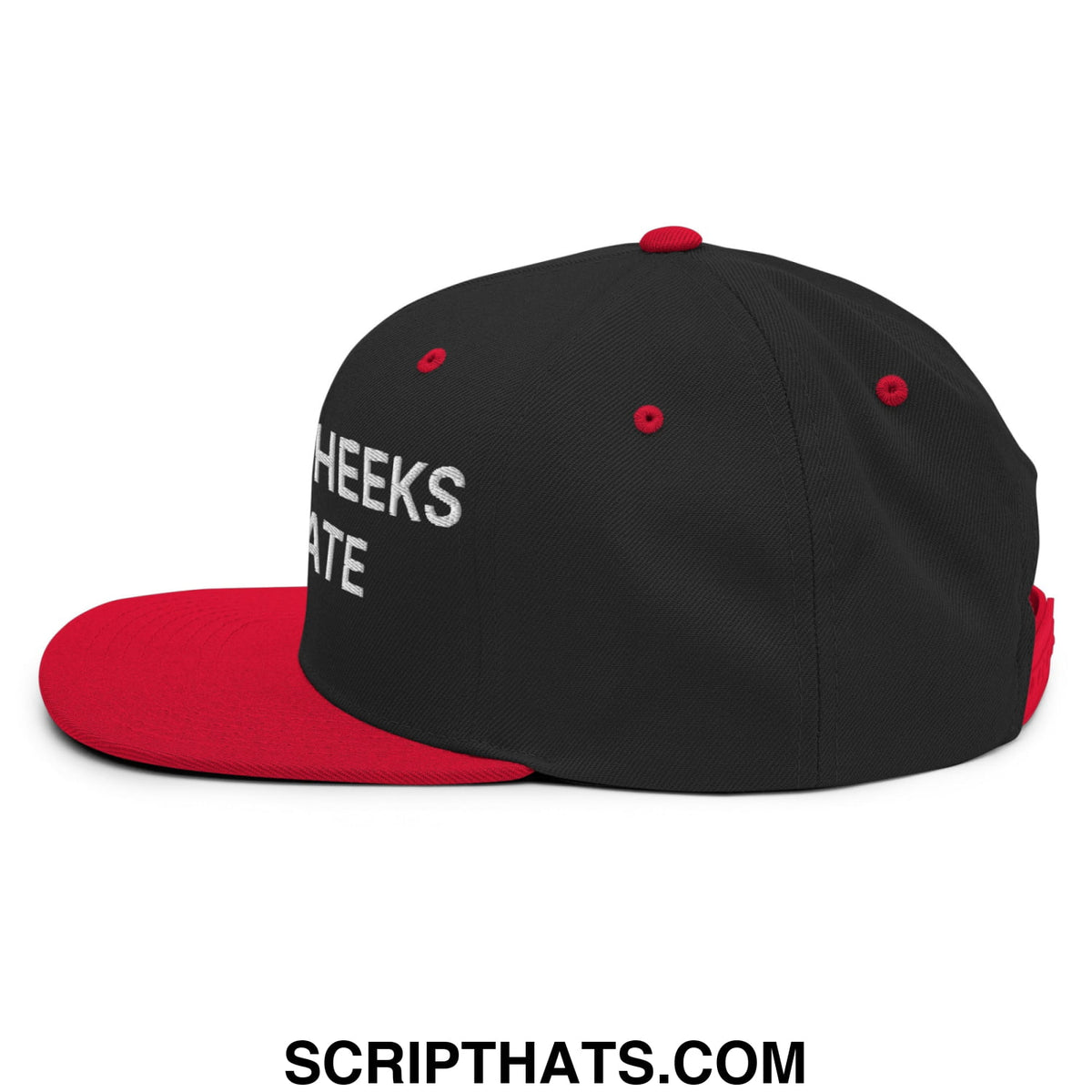 Black and red snapback hat with white embroidered cheeks text on the side flat bill brim design