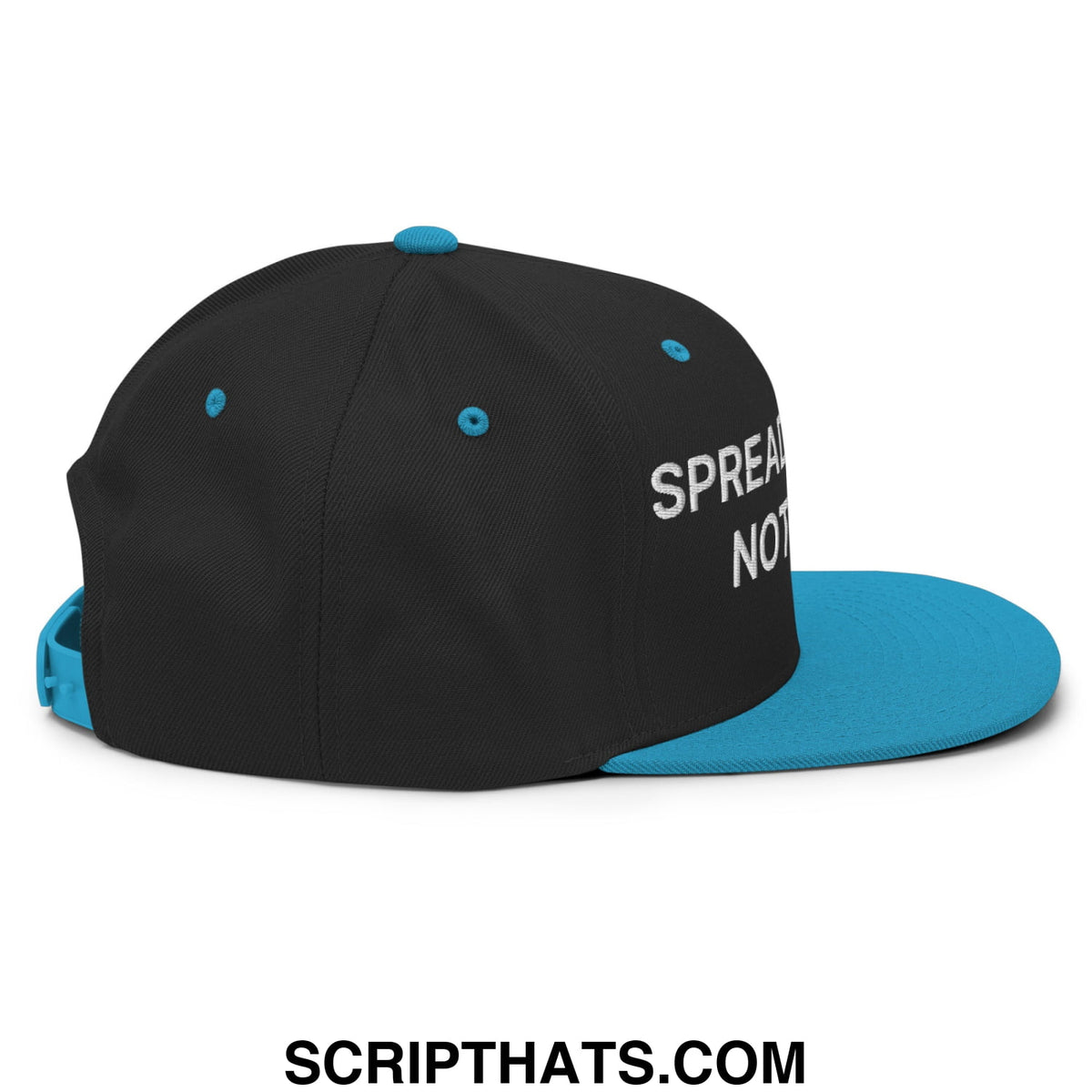 Black and teal snapback cap with white embroidered spread cheeks not hate text and flat bill brim design