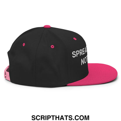 Black and pink snapback hat with white embroidered spread not text on the side flat bill brim design