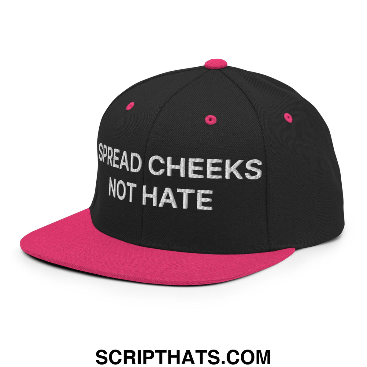 Black and pink snapback hat with white embroidered spread cheeks not hate text and flat bill brim design