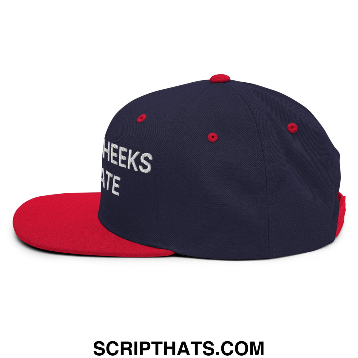 Navy blue and red snapback hat with white embroidered spread cheeks not hate text and flat bill brim