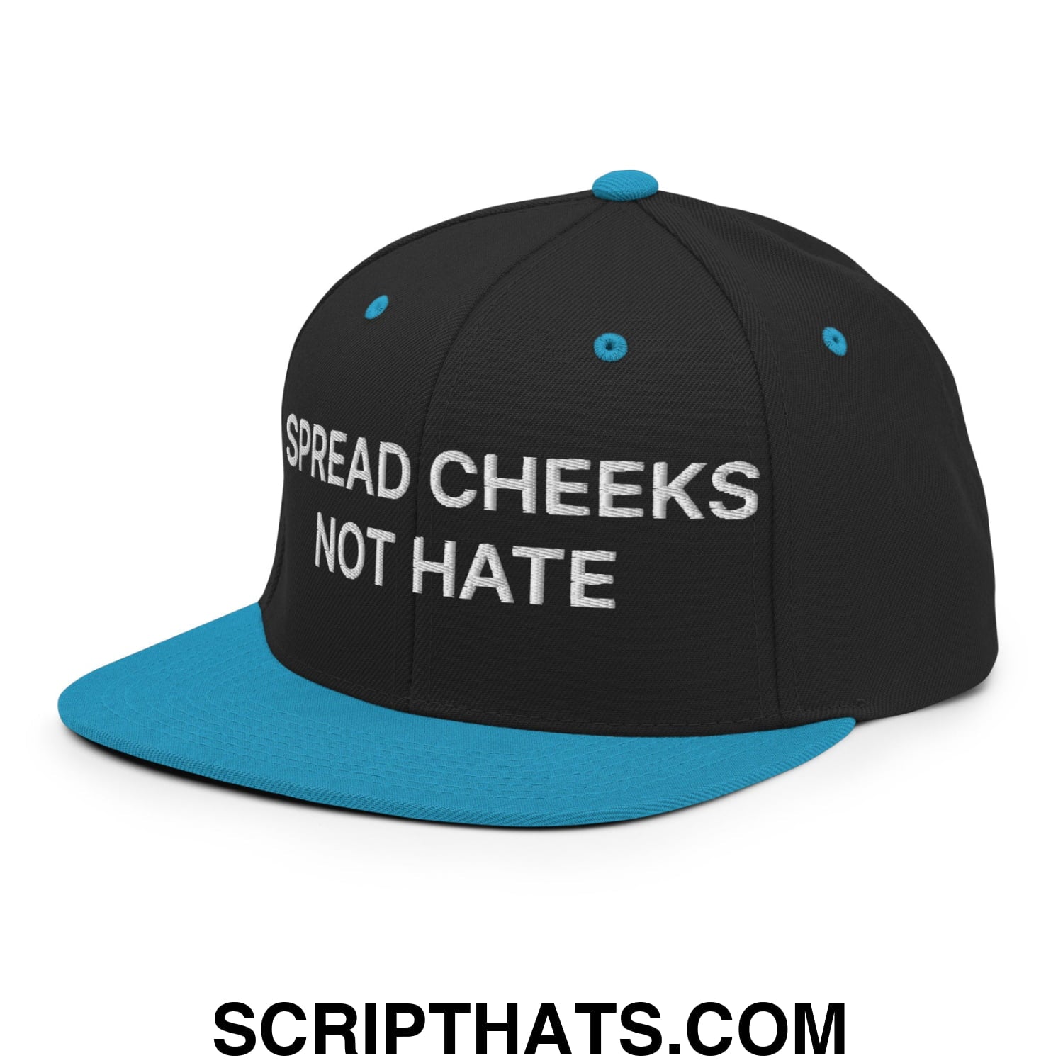 Spread Cheeks not Hate Embroidered Flat Bill Brim Snapback Hat Black Teal