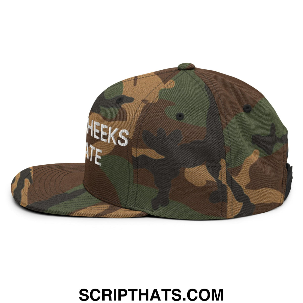 Camouflage snapback hat with white embroidered spread cheeks not hate text on the side and flat bill brim