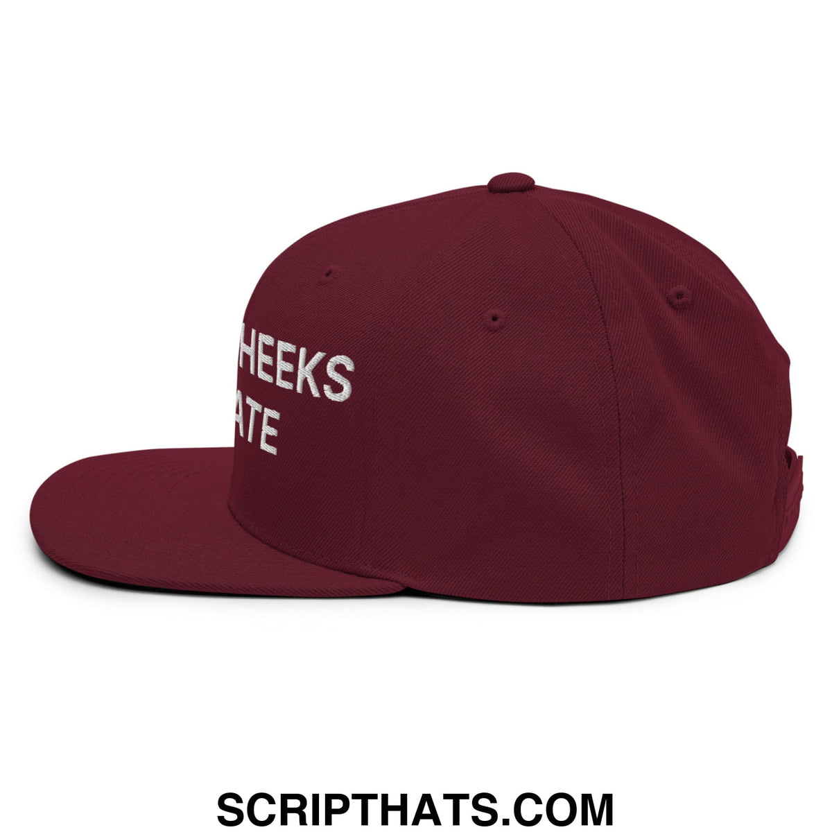 Maroon flat bill brim snapback hat with white embroidered text reading cheeks and ate for casual wear