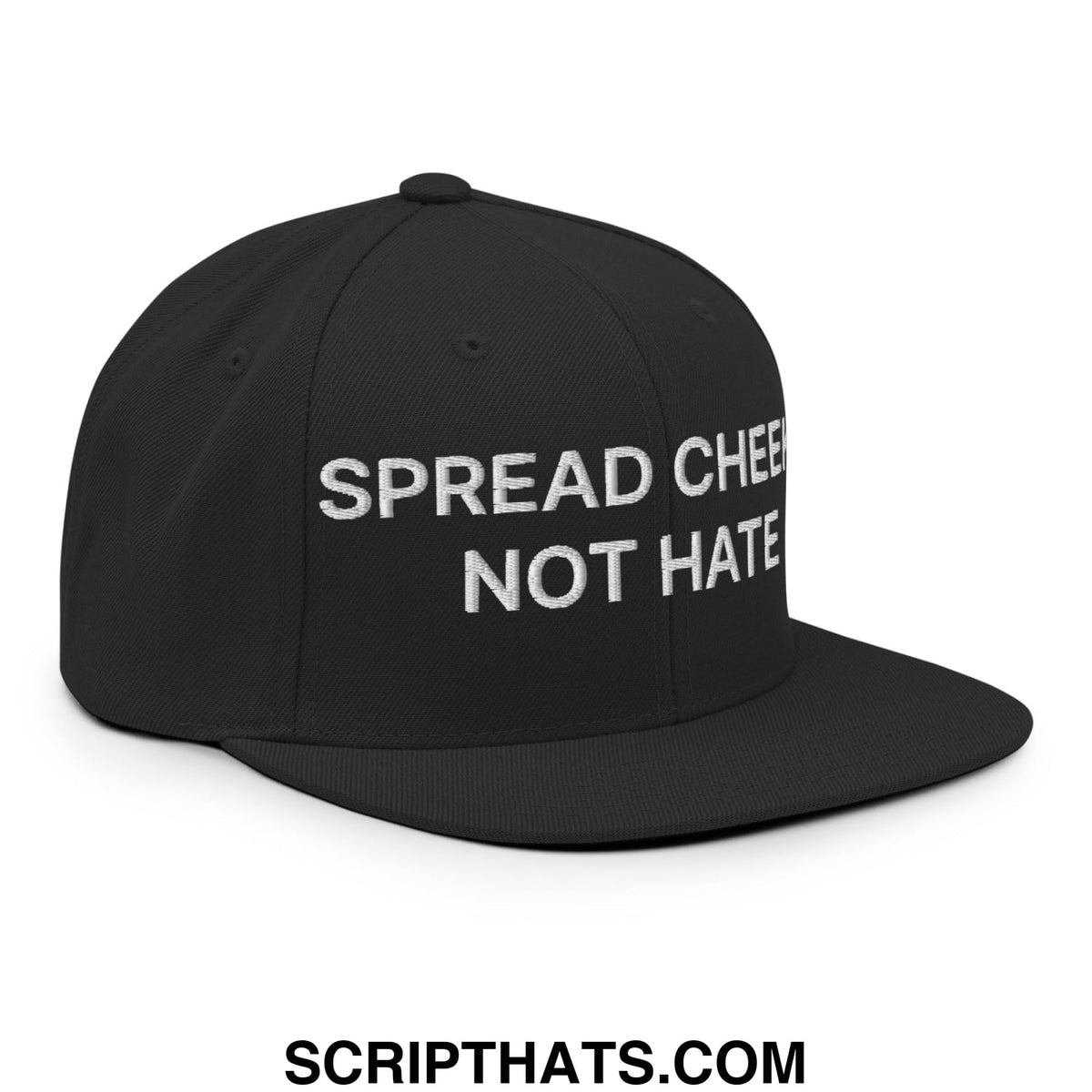 Black snapback hat with white embroidered spread cheese not hate text and flat bill brim for casual wear