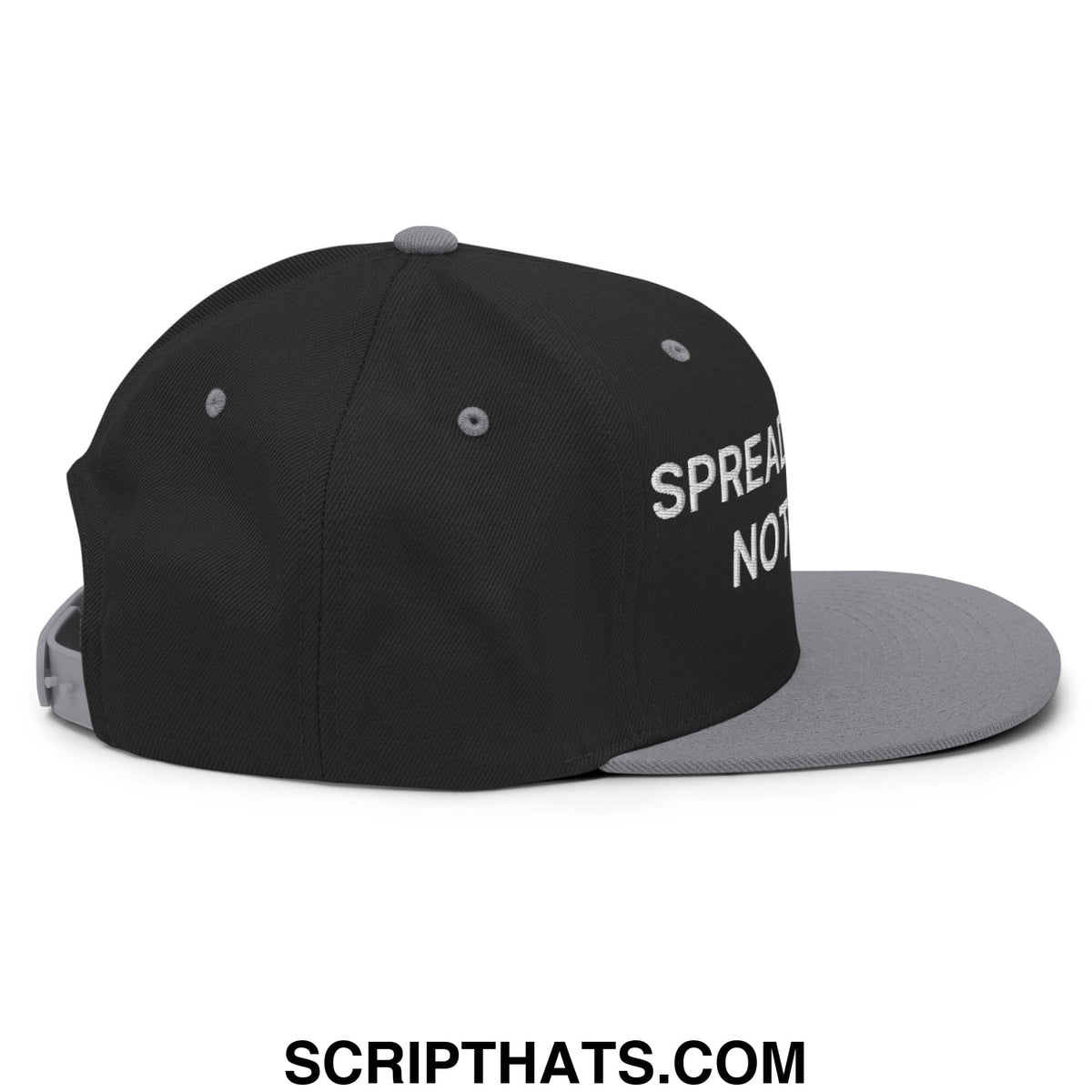 Black and gray snapback hat with white embroidered spread cheeks not hate text on the side and flat bill brim