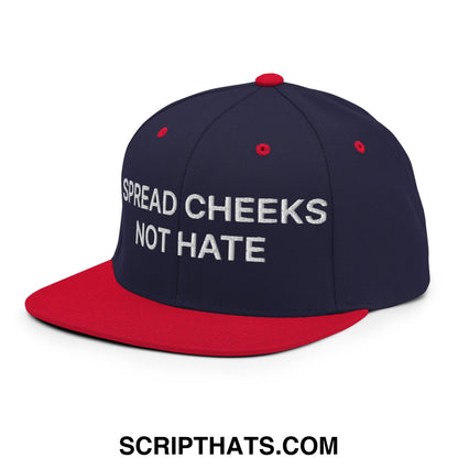 Navy blue and red snapback hat with white embroidered spread cheeks not hate text and flat bill brim design
