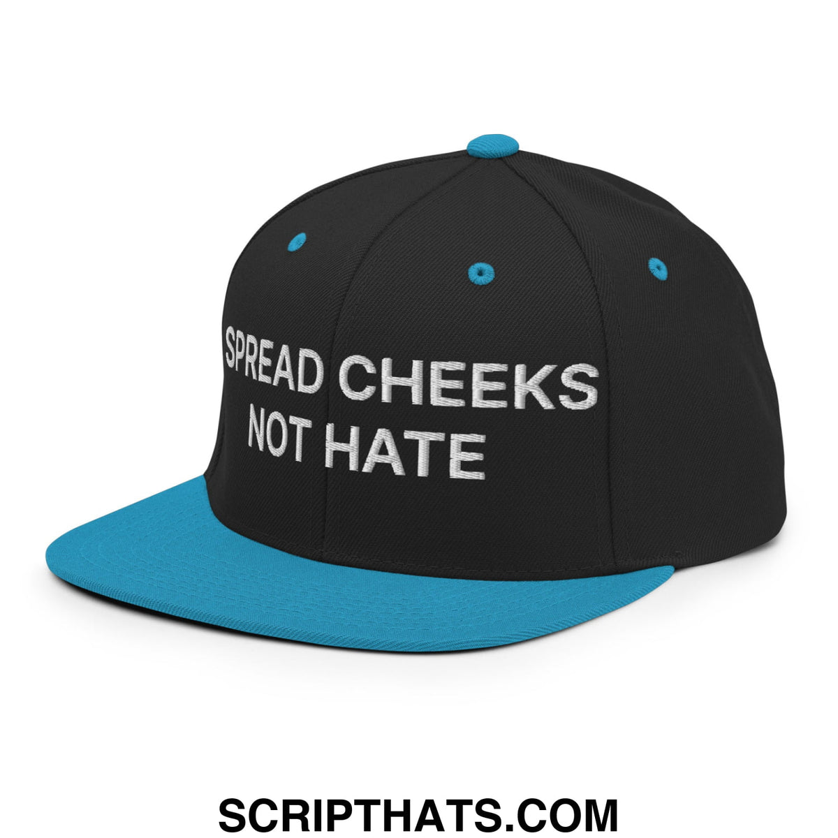 Black and teal snapback hat with flat bill brim and white embroidered spread cheeks not hate text